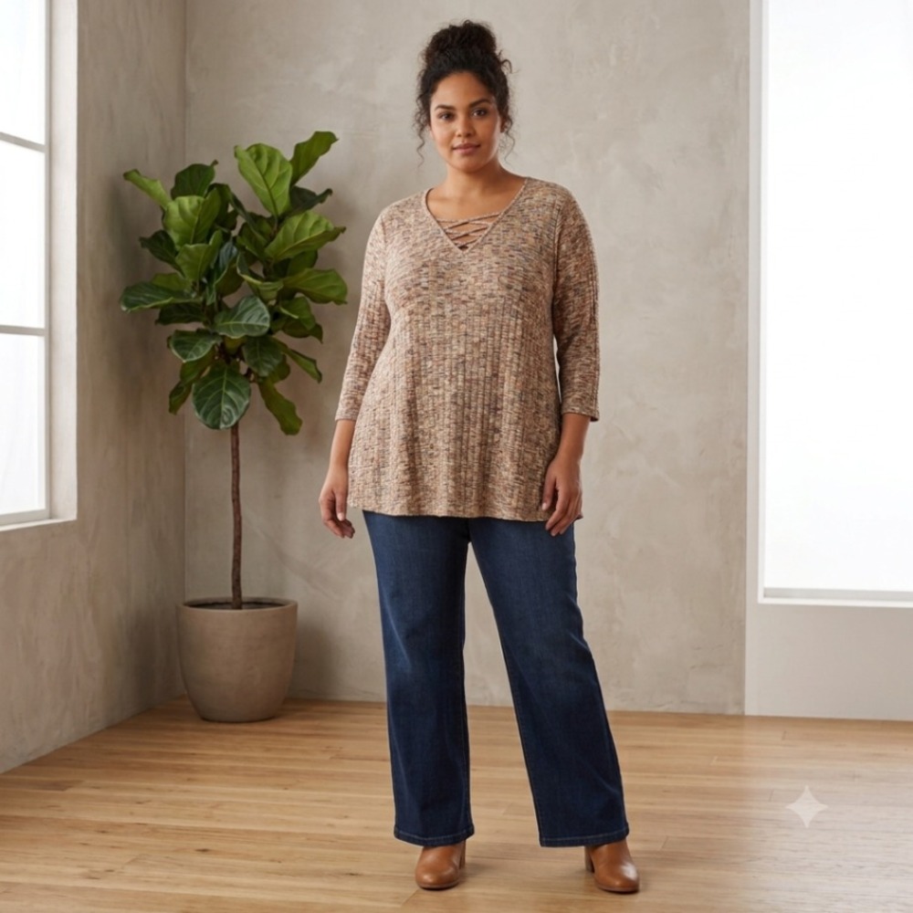 Catherines Tunic Womens 3X Multi Space Dye Lattice V-Neck 3/4 Sleeve Plus Boho